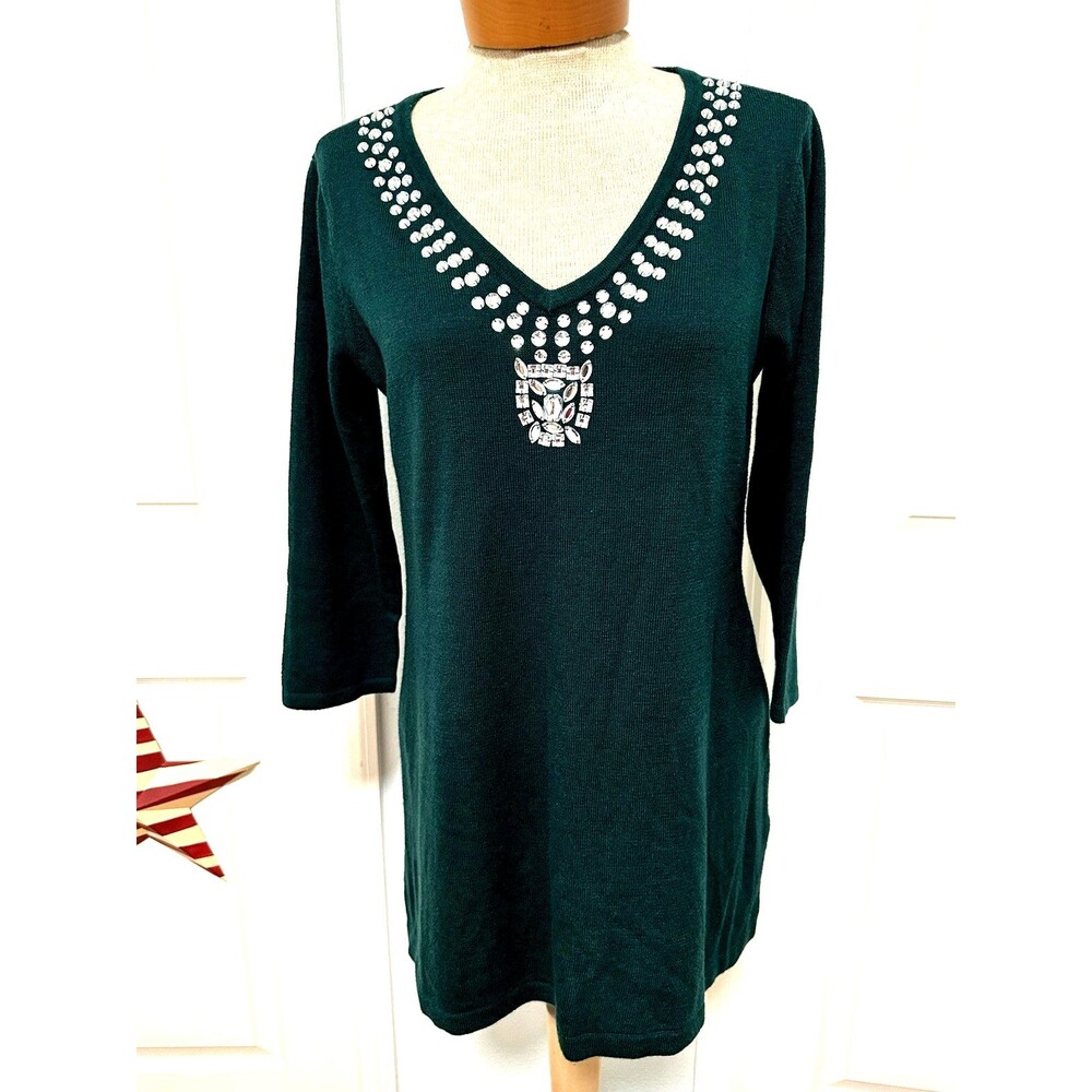 NWT IMAN Global Chic Cashmere Blend Sweater Small Tunic Dark Green Rhinestone